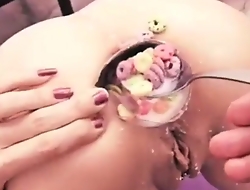 Inserting Milk and Cereals on touching Asshole extremally ass gaped and prolapsed
