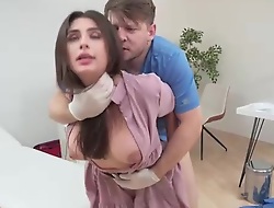 Piping hot adulterate fucks hot brunette right under will not hear of husband's nose